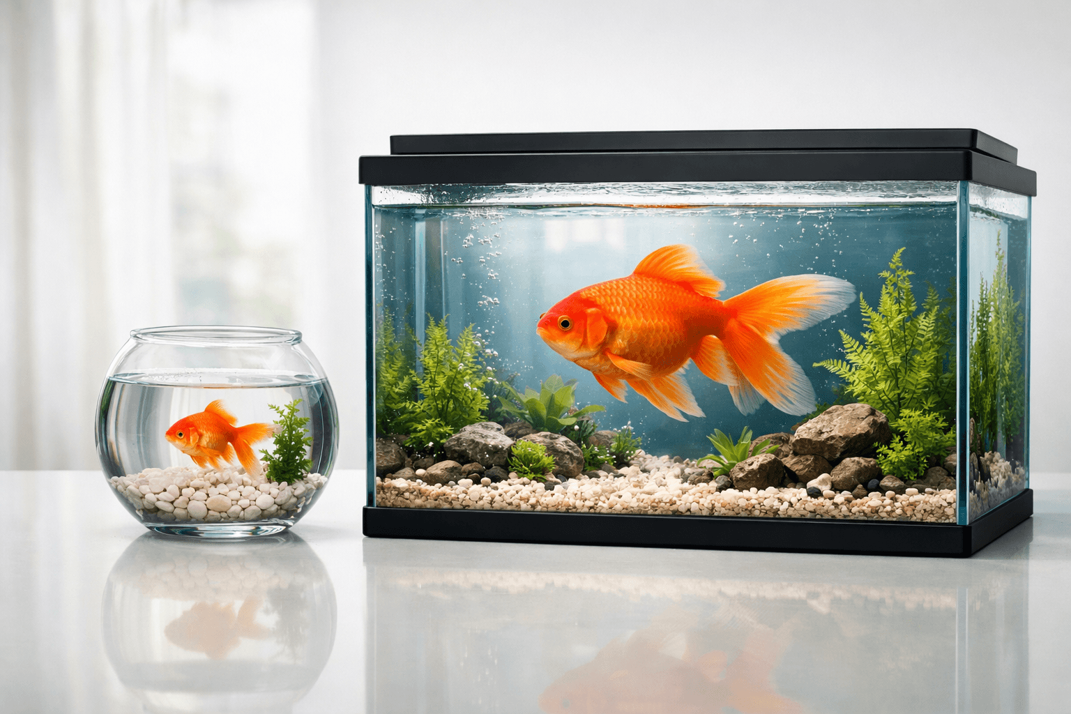 A goldfish in a small bowl next to a goldfish in a large aquarium - you grow to the size of your environment